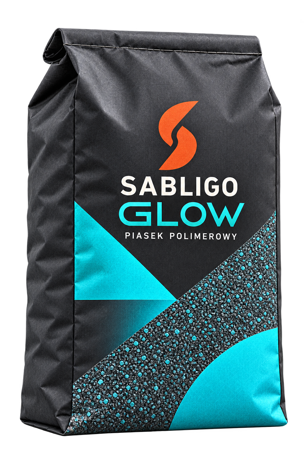 Concept of a graphite Sabligo Glow bag with turquoise details and an orange logo